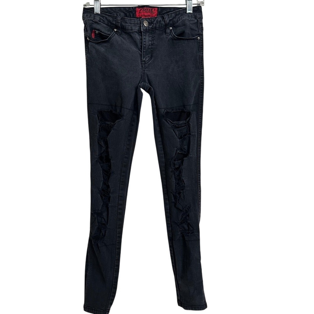 Tripp NYC by Daang Goodman Black Low Rise Distressed Skinny Jeans  Skull Details